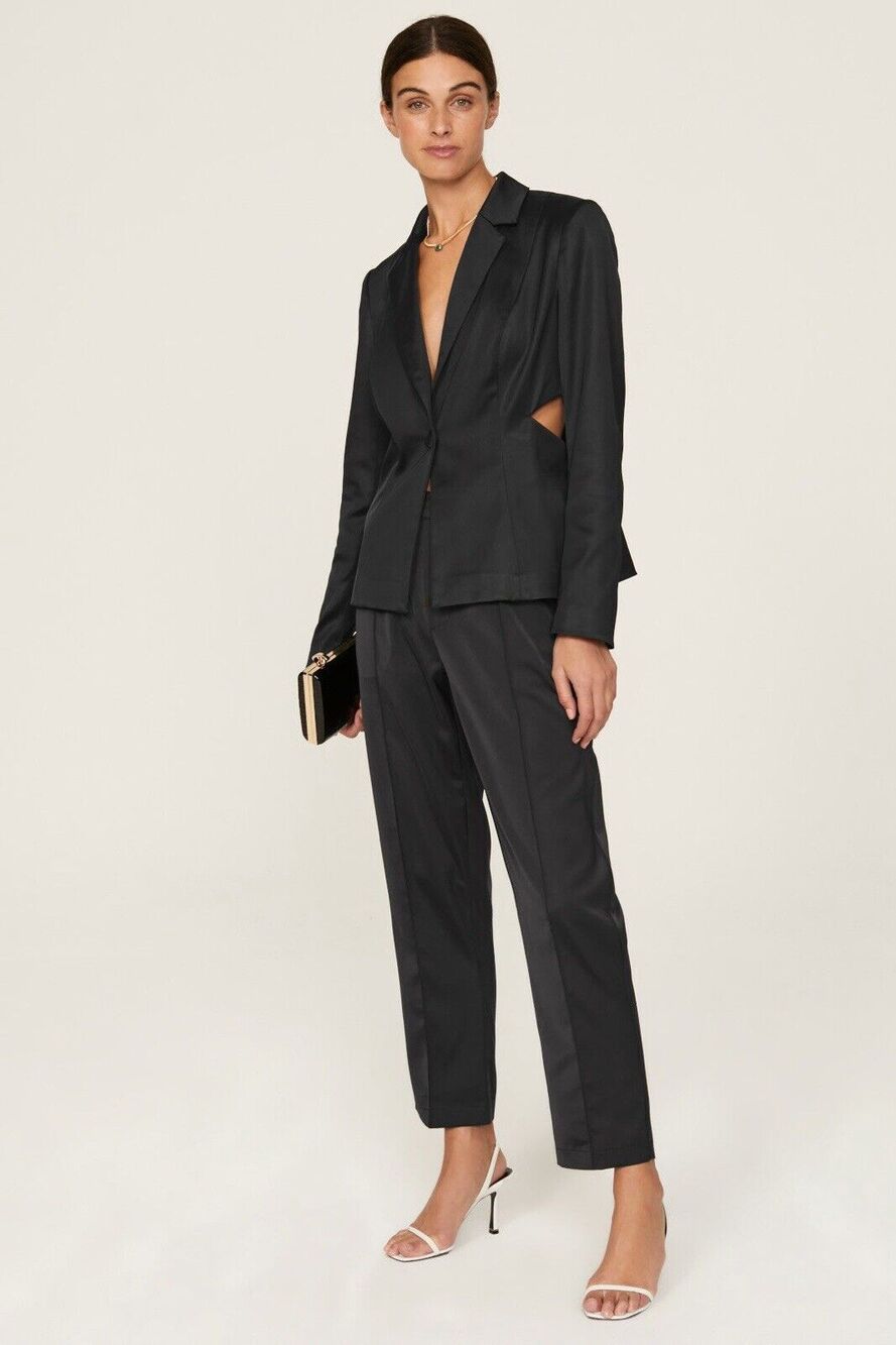 Donna Karan cut out sexy tuxedo satin solid black blazer sz 8 jacket *FLAW